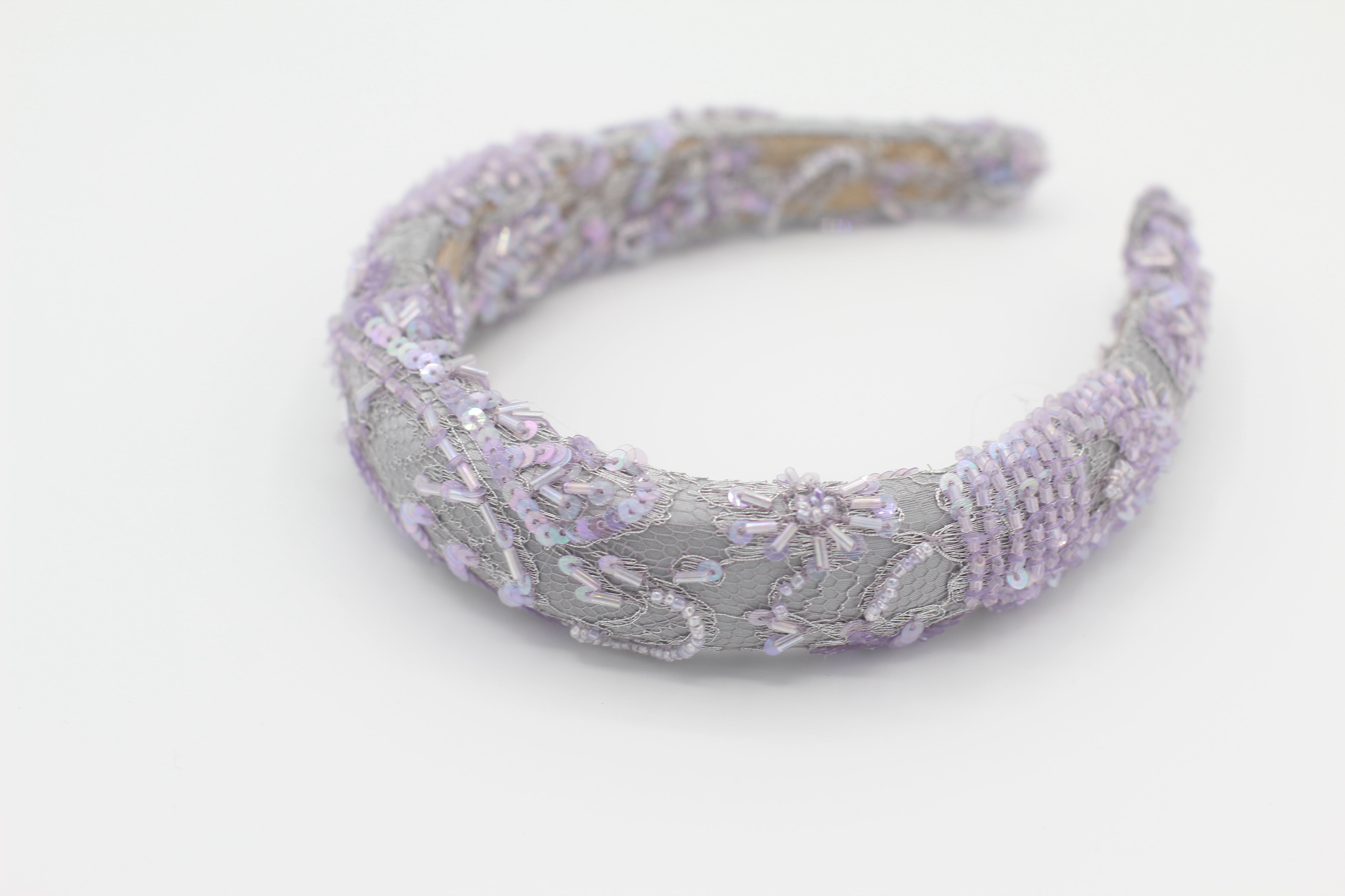 Diadema con Volumen - Bordado Fantasía - Gris y lila